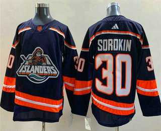 Mens New York Islanders #30 Ilya Sorokin Navy 2022 Reverse Retro Stitched Jersey